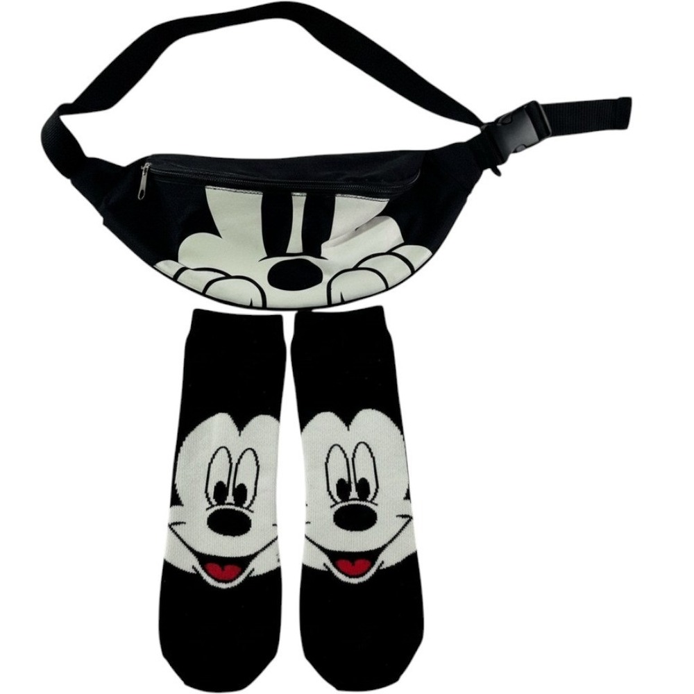 Disney Mickey Mouse Fanny Pack Waist Bag and Matching Crew Socks Set Black White